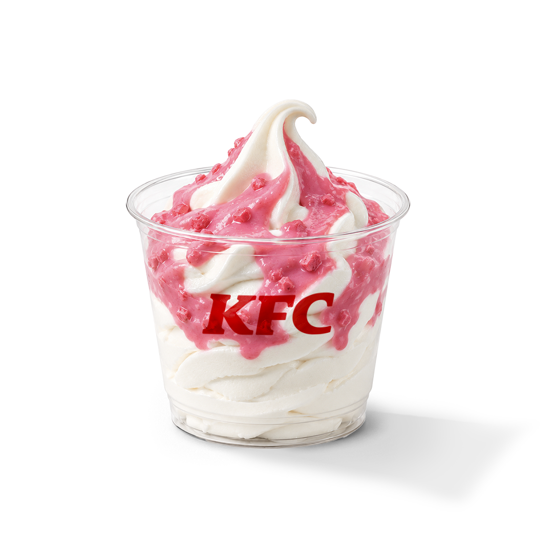 Creamy vanilla ice cream with bubble gum sauce and popping candies